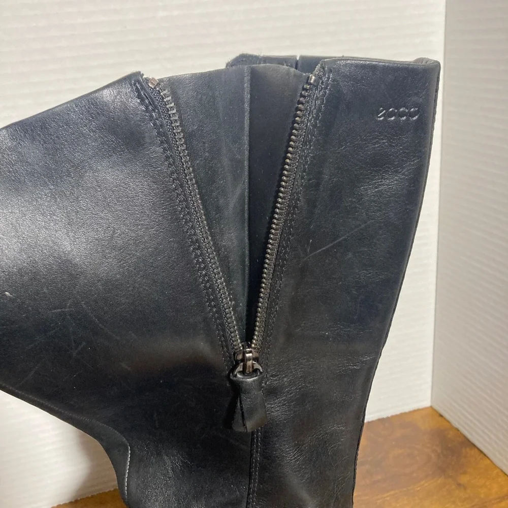 ECCO Gore-Tex Black Leather Tall Boots Women EU‎ 38 Side Zip Waterproof Comfort